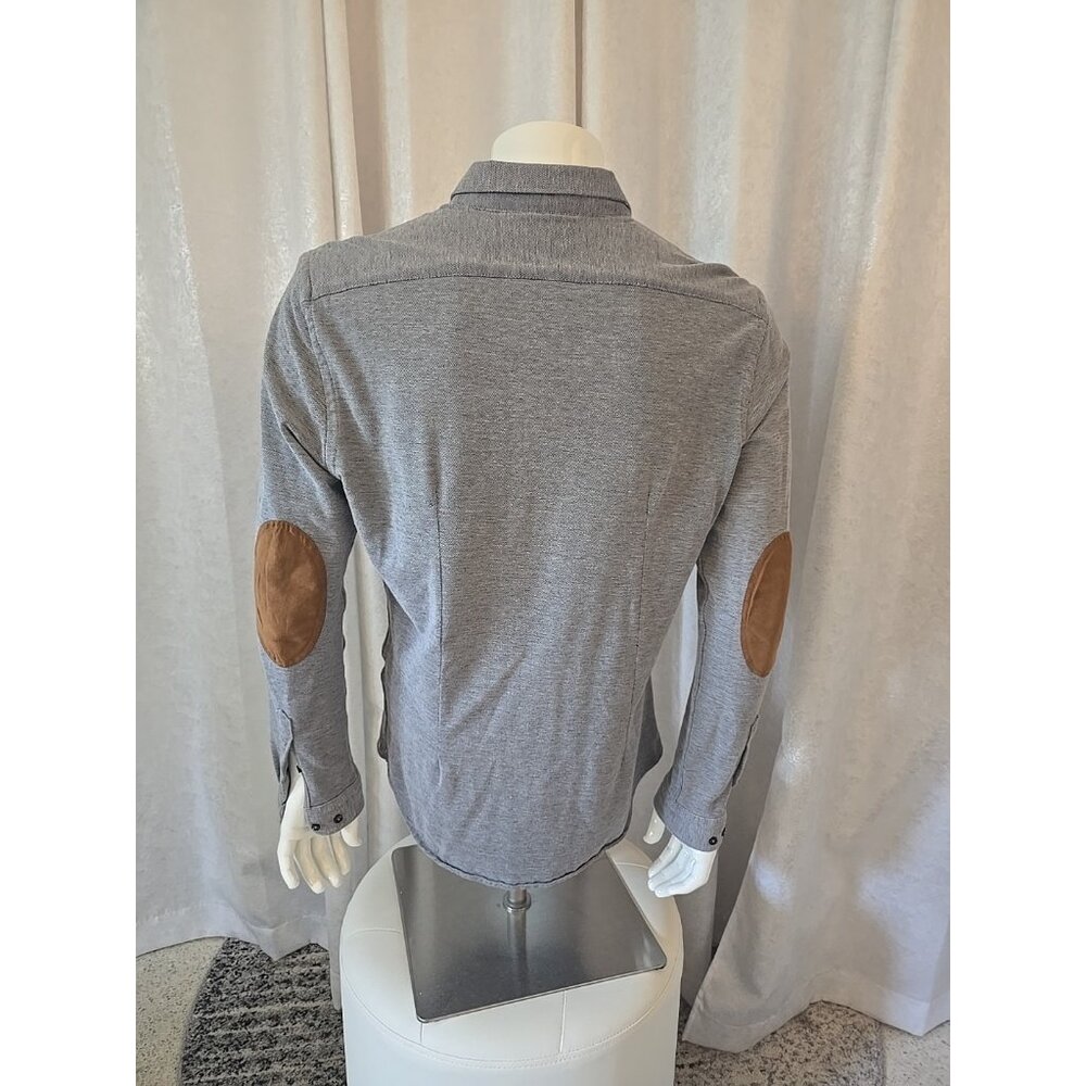 Zara Man Shirt Men Gray Elbow Patches Button-Up Dress Blue Slim Fit Long Sleeve - Picture 2 of 7